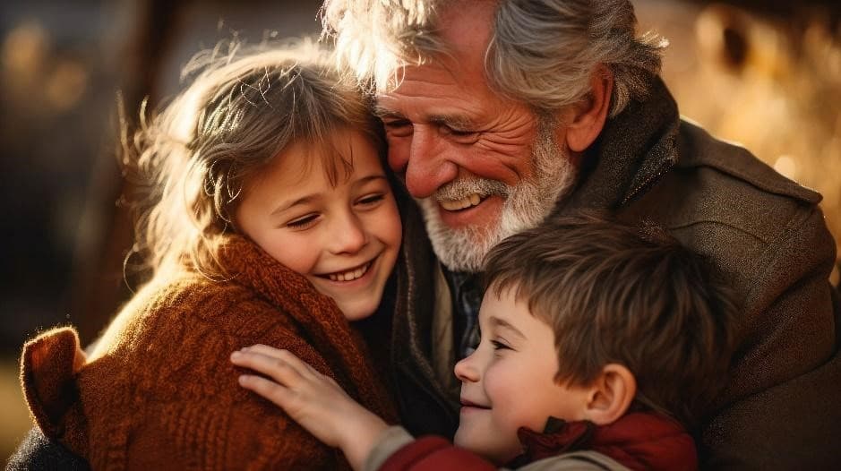 niños y anciano celebrando el día de la familia